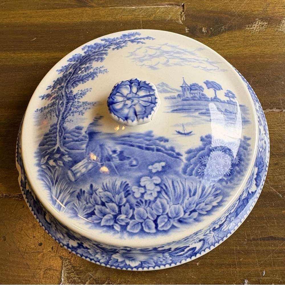 Vintage Blue English Pottery Lid Only Scenic Antique China Serve Ware Flawed